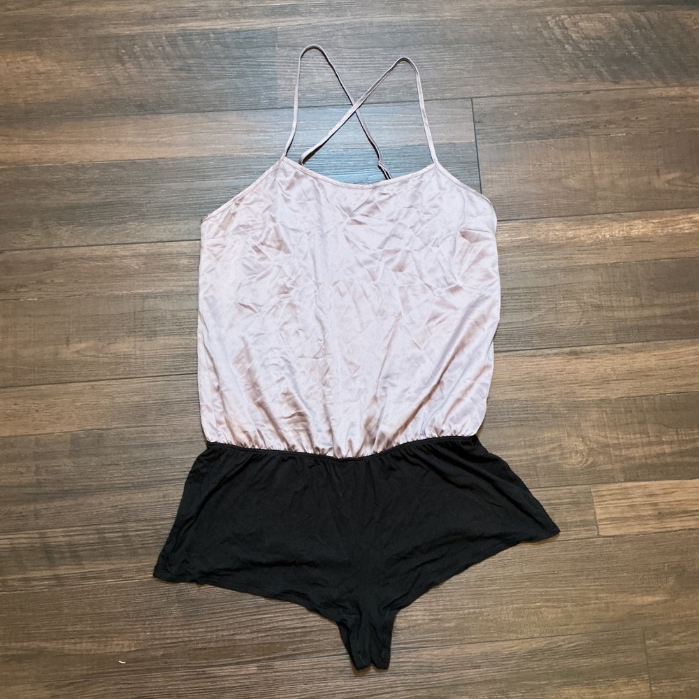 Victoria's Secret Satin Teddy Romper Mauve Black Cross Back Medium Sleepwear